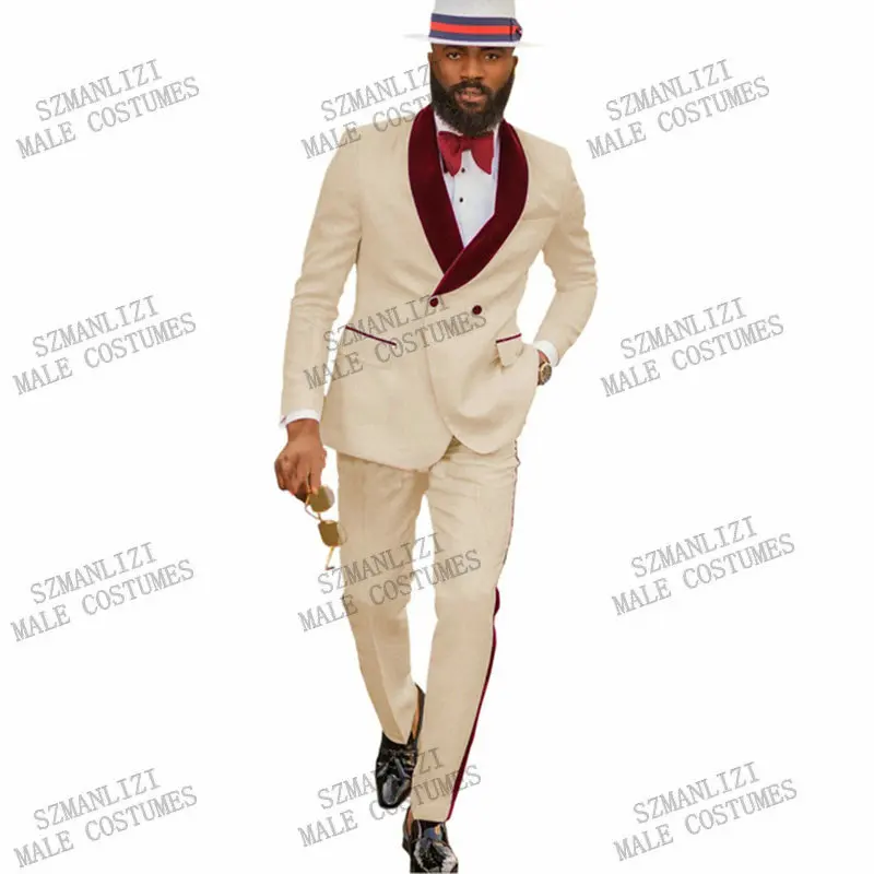 

Fashion Champagne Paisley Men's Suits For Wedding Party Double Breasted Groomsman Tuxedo Slim Fit Jacket Pants Formal Groom Wear