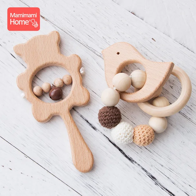 1Set Baby Toys Music Rattle Wood Crochet Bead Bracelet Wooden Rodent Chew Play Gym Montessori Baby Teether Products Newborn Gift 1