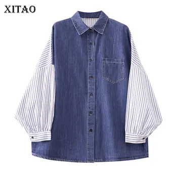 

XITAO Striped Women Blouse Fashion New Women Elegant Single Breast 2020 Spring False Two Piece Goddess Fan Shirt DMY3727