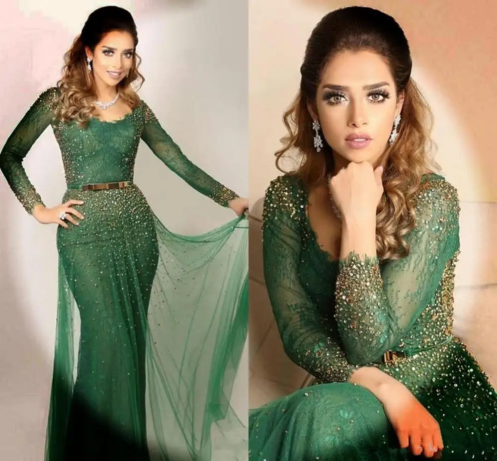

Saudi Arabic Green Evening Dresses 2020 Bateau Lace Crystal Beaded Sheer Long Sleeves Prom dress Mermaid Evening Gowns