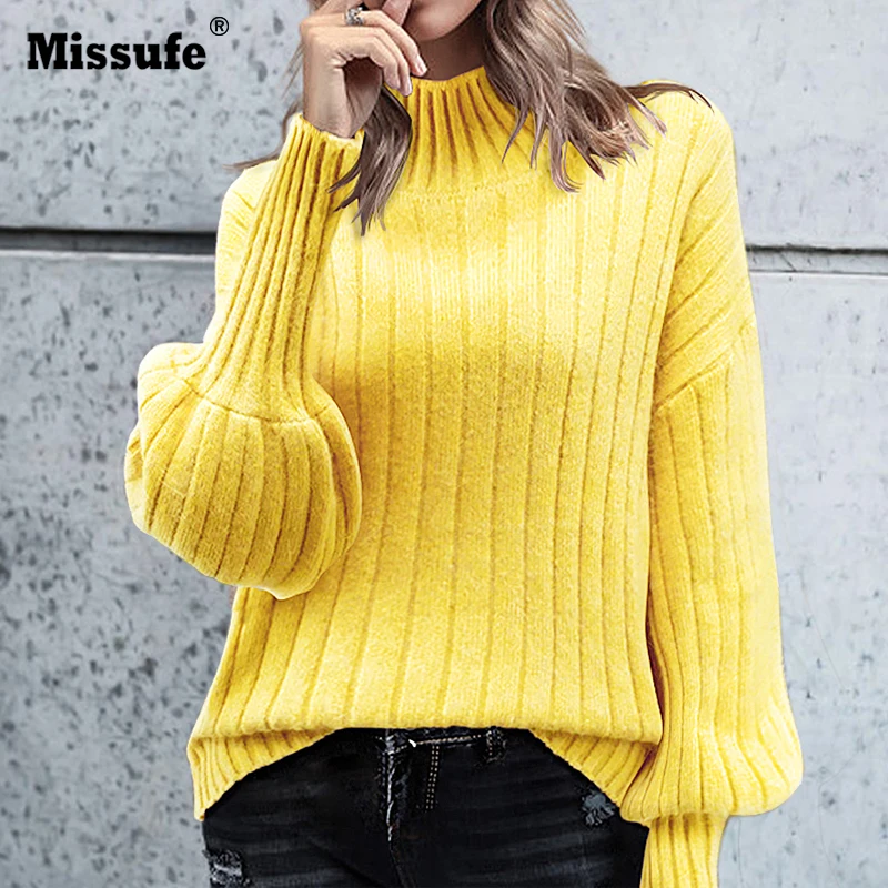 

Missufe Turtleneck Autumn Winter Sweaters For Women Knitted Lantern Sleeve Elegant Pullvoers Ladies Casual Jumpers Streetwear