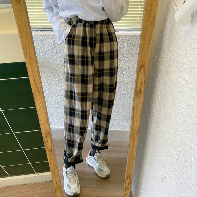 apricot pants Woherb Harajuku клетчатые брюки женские с высокой талией прямые широкие брюки женские винтажные Свободные Толстые корейские модные новые 91346 - Цвет: apricot pants