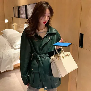 

PU2020 New Autumn Women Loose Black Pu Faux Soft Leather Jacket With Belt Casual Female Streetwear Zipper Biker Moto Coat
