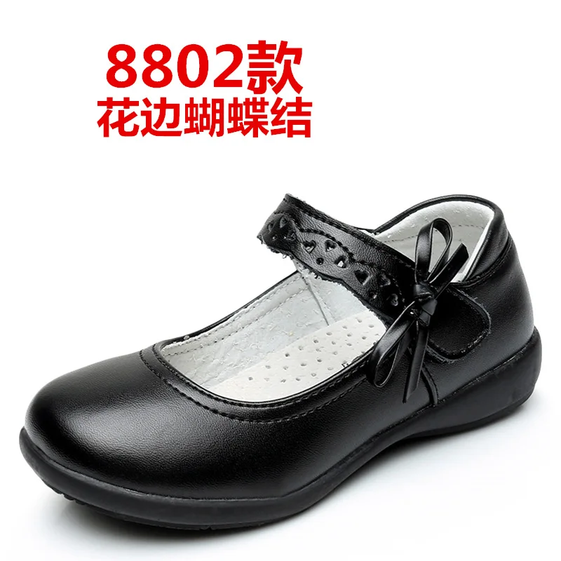 Осенняя модная школьная черная обувь из натуральной кожи с бантом для девочек 3-12 лет, платье для маленьких девочек вечерние детские туфли принцессы - Цвет: 8802 black