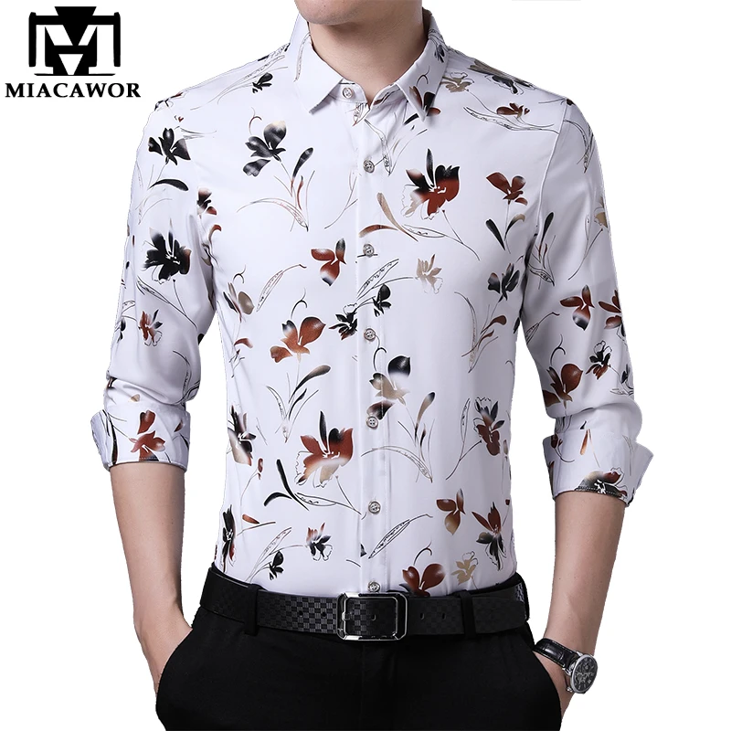 Мужская приталенная рубашка MIACAWOR Повседневная с длинным рукавом и цветочным