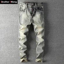Осень зима новые мужские ретро джинсы высокого качества Модные хлопковые облегающие Стрейчевые джинсовые брюки мужские Брендовые брюки