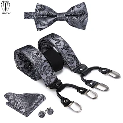 Hi-Tie Silk Men's Suspenders Set Silver Black Flowers 6 Clips Adjustable Braces Bowtie Hanky Cufflinks Y Back Straps Heavy Duty