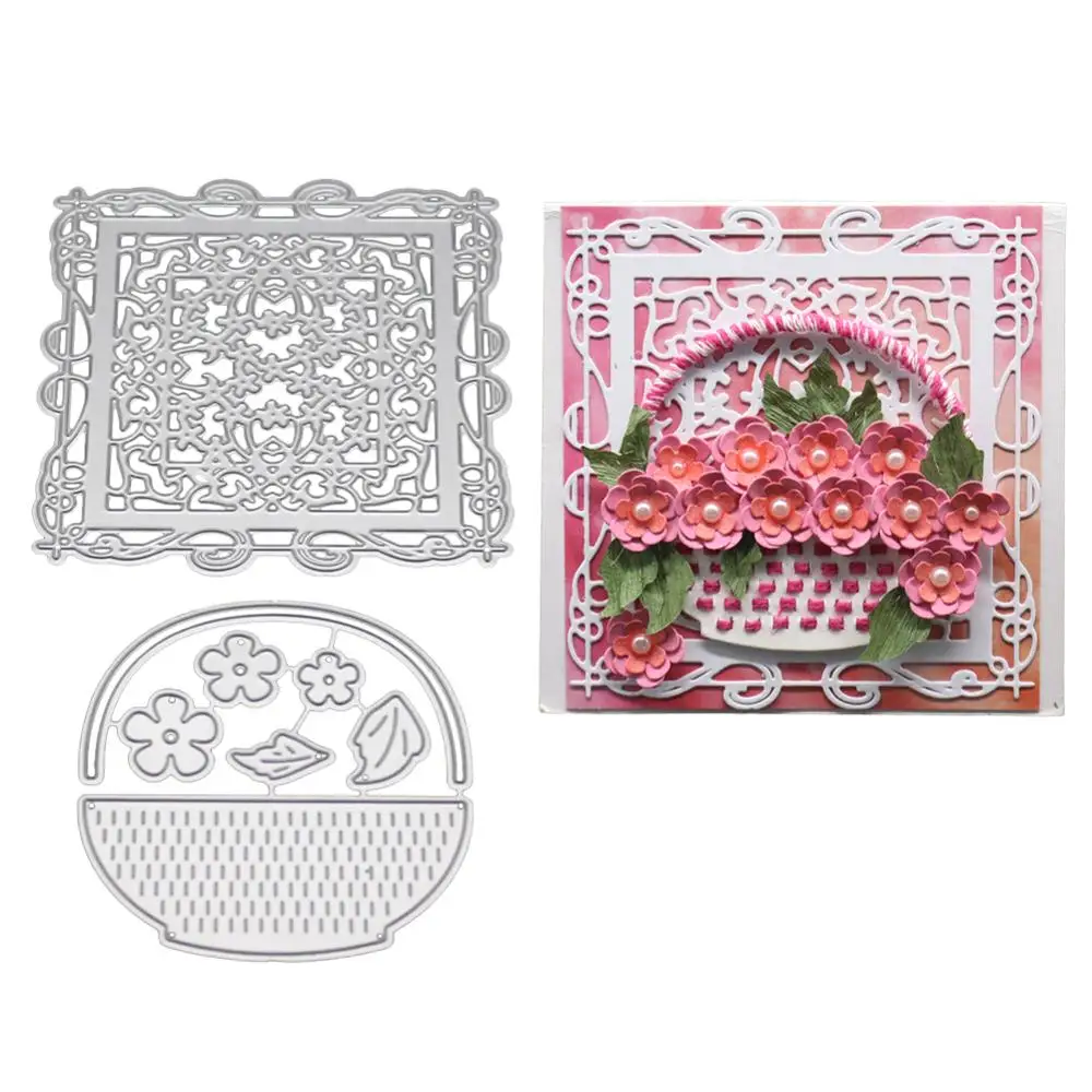 

HamyHo Square vines Background & Basket Metal Cutting Dies for Scrapbooking Embossing Card Making Etched Die Cut Craft Template