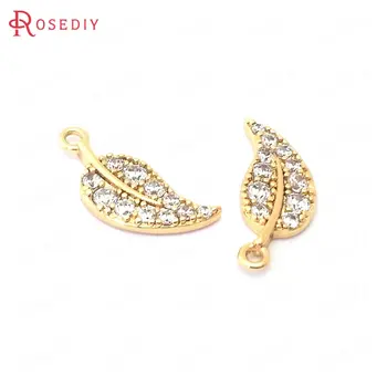 

(38819)4PCS 15x6MM 24K Gold Color Brass and Zircon Tree Leaves Charms Pendants Jewelry Making Supplies Diy Findings Accessories