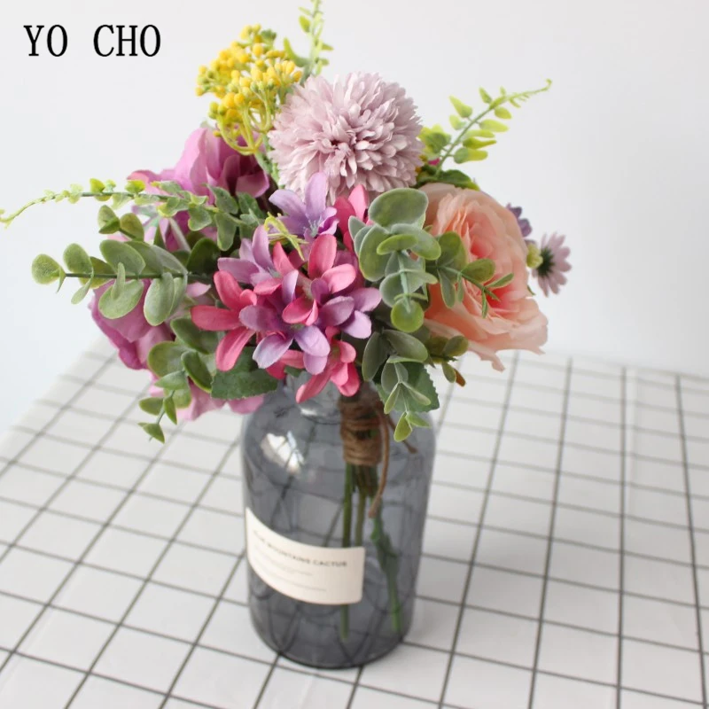 Йо Чо 1 букет искусственных гортензии розы Шелковые Цветы Смешанные поддельные цветы для вазы домашние вечерние свадебные Декор имитация Флорес