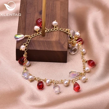 

XlentAg Natural Freshwater Pearls Bracelet For Women Accessories Red Crystal Anime Love Best Friend Gifts Angel Jewelry GB0922