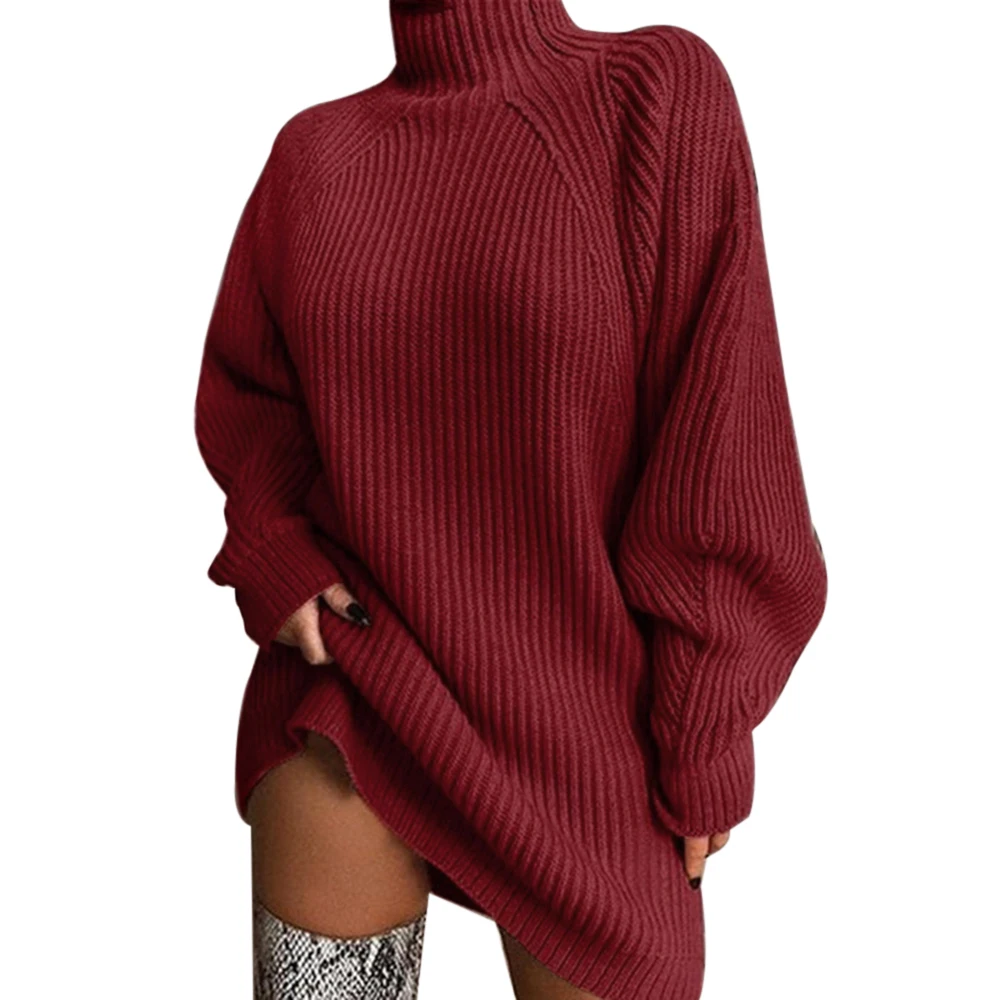 wine red Женское трикотажное платье-свитер с высоким воротом, Осень-зима, повседневный свободный сексуальный тонкий свитер, платье большого размера, длинный свитер, платья - Цвет: wine red
