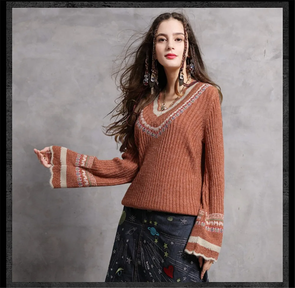 Spring Women Embroidery Loose Sweater 2020 Knitting Cotton Wool Pullover Flare Sleeve V neck Christmas bottoming Sweaters 9268 (10)