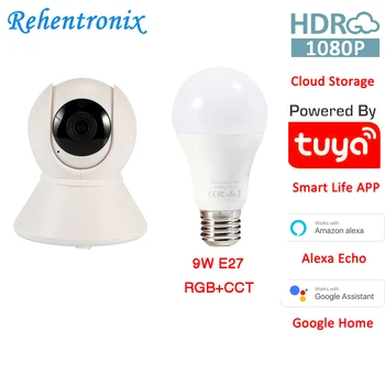 

1080P Tuya Alexa Google Camera Indoor PTZ linkage Alarm 9W Wi-Fi Bulb RGB + CCT 800LM E27 Bulbs