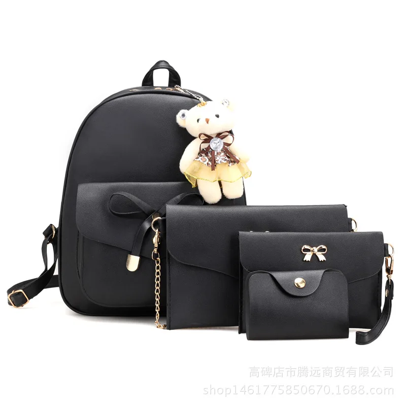4pcs/Set Women's Leather Backpack School Backpack for Girls Shoulder Bag Fashion Travel Female Backpack Large Capacity Women Bag - Цвет: Черный