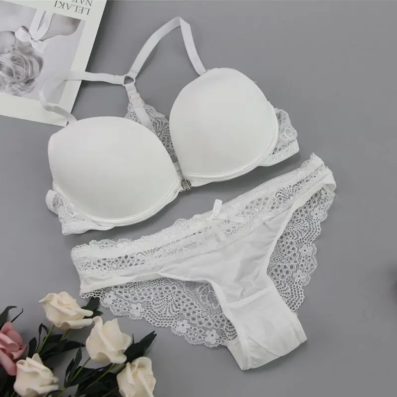 Front button lace beautiful back small chest bra set ladies push