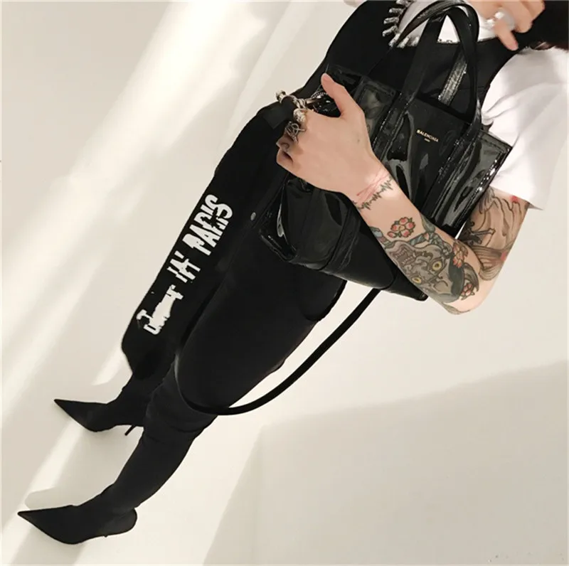 T-Show Long Boots Women High Gladiator Heel Pointy Toe Walking Bottes Slim Stretch Fabric Sexy Shoes Multy Colors Boots Woman