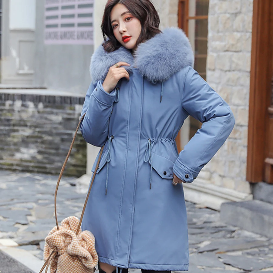Женское пальто, зимняя женская куртка с хлопковой подкладкой, теплая, утолщенная, с меховым воротником, с капюшоном, женская верхняя одежда, длинная парка, пальто размера плюс