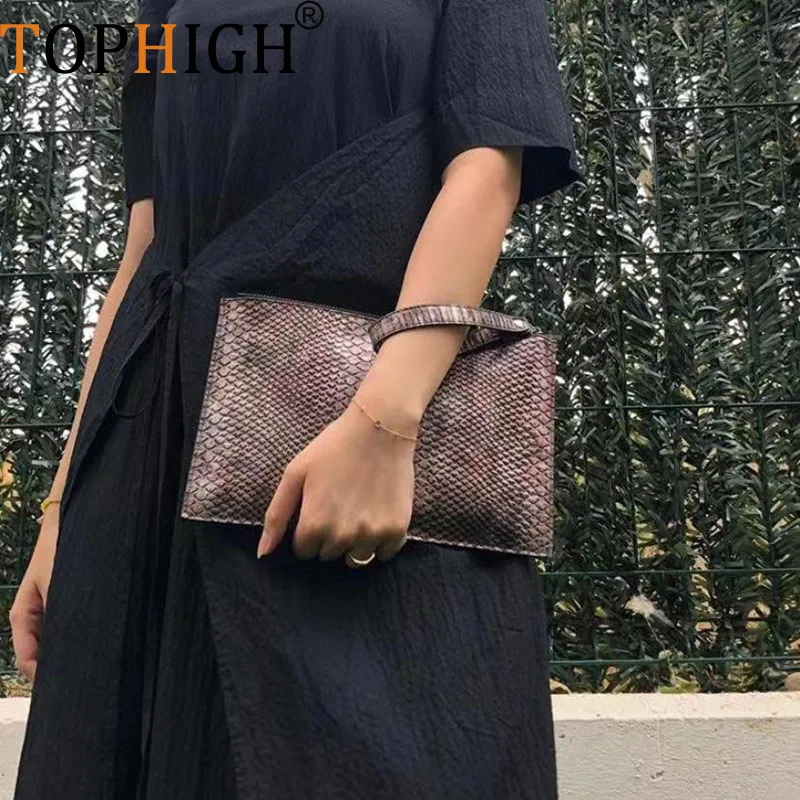 TOPHIGH Customized Letters Crocodile Ostrich Python Leather PU Clutch Handbag Unisex Laptop Bag For Macbook  Wristlet Pouch Bag