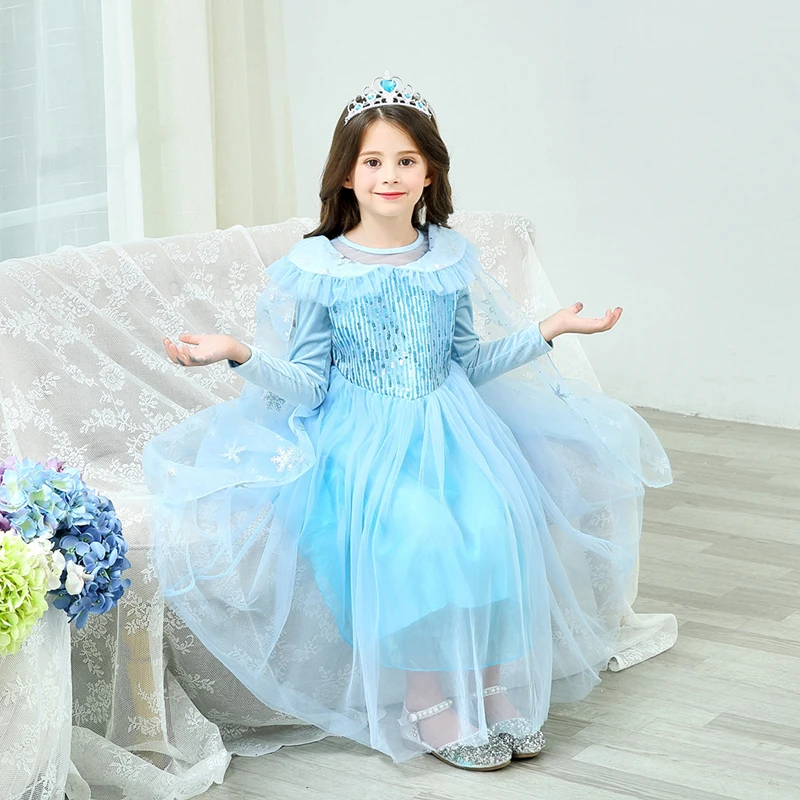 

Girls Elsa Dress Snowflake Sequins Swing Snow Queen Party Princess Vestidos Children Girl Halloween Fancy Cosplay Costume