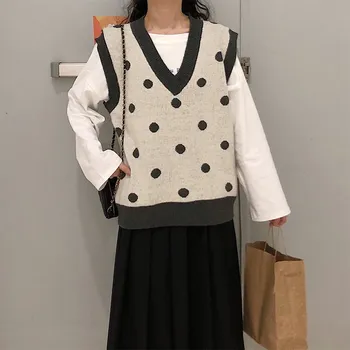 

2019 New Autumn Women Vests Sleeveless O-Neck Knitted Pullovers Female Polka Dot Loose Casual Waistcoat