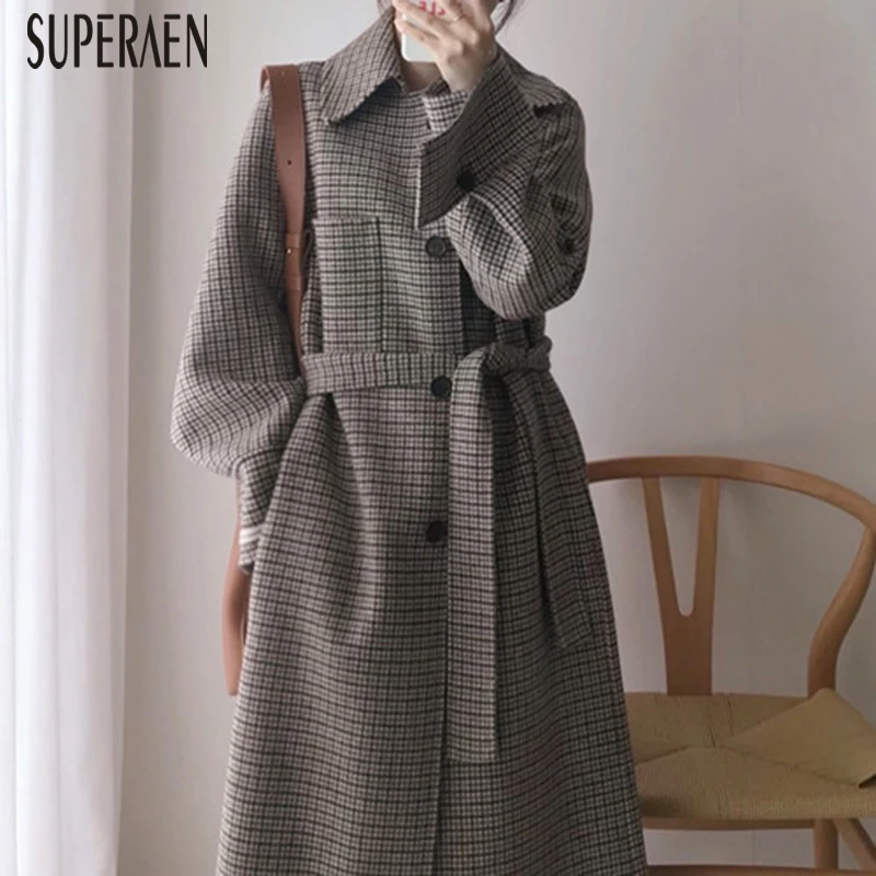 SuperAen, корейский стиль, Женское шерстяное пальто, зимнее, новинка, с отворотом, для девушек, шерстяное пальто, модное, повседневное, дикая, женская одежда