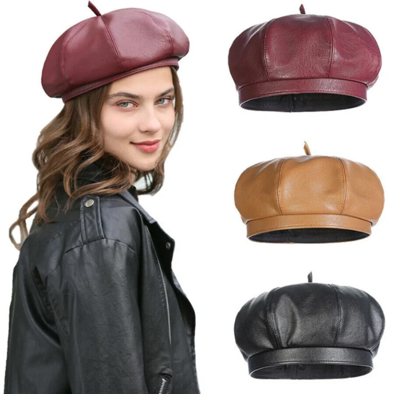 Women Casual PU Leather Beret Hat 