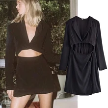 

Dave&Di Autumn England Ins Blogger Fashion High Street Vintage Hollow Out In Waist Sexy NotchedDress Women Mini Tops Vestidos