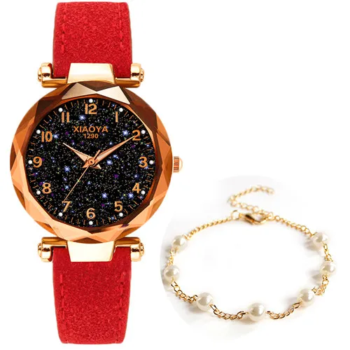 Изысканные роскошные женские часы модное платье женские часы Звездное небо циферблат кожаный ремешок кварцевые наручные часы женские часы женски - Цвет: red pearl