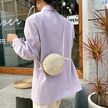 

Round Shoulder Bags Women Classic Texture Creative Design Chic Straw Woven Casual Beach Daisy Flower Messenger Pouch