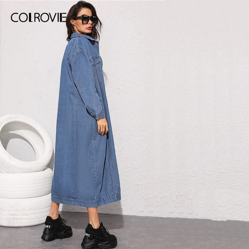 discounted COLROVIE Navy Topstitching Button Front Longline Denim Jacket Women 2019 Autumn Streetwear Ladies J