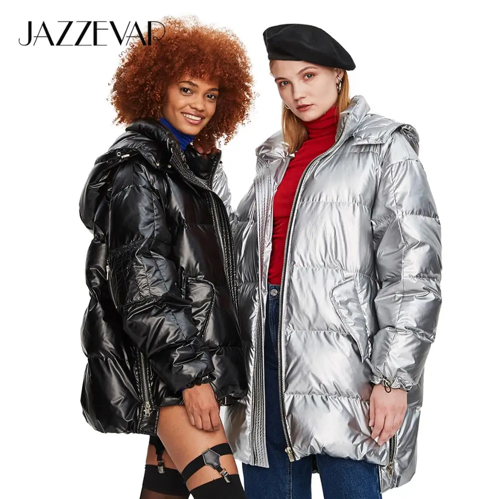 Beste JAZZEVAR 2019 Winter Nieuwe Mode Straat Womens Edgy Sliver Lange Donsjack Cool Meisjes Rits Hooded Down Jas Bovenkleding z18004