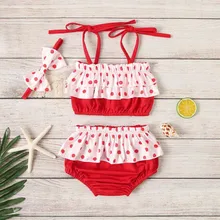 Бикини для малышей, летняя купальная одежда для малышей детский красный купальный костюм в горошек без рукавов с оборками для маленьких девочек, одежда для купания, одежда для купалки