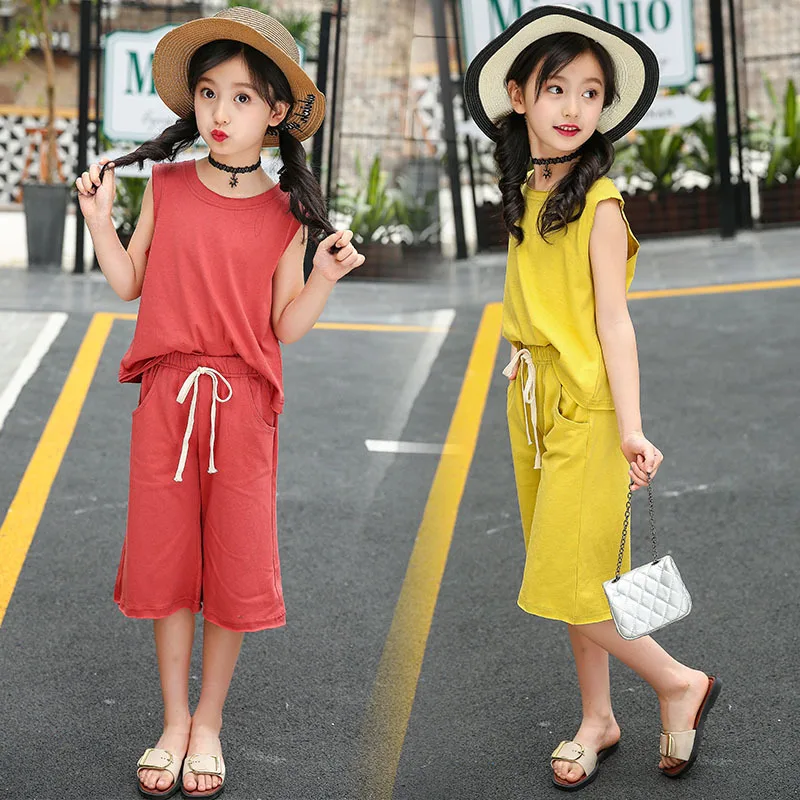 

2019 New Style Korean-style Set Girls Summer Cotton Linen Sleeveless Vest T-shirt Middle And Large Children Loose Pants Two-Piec
