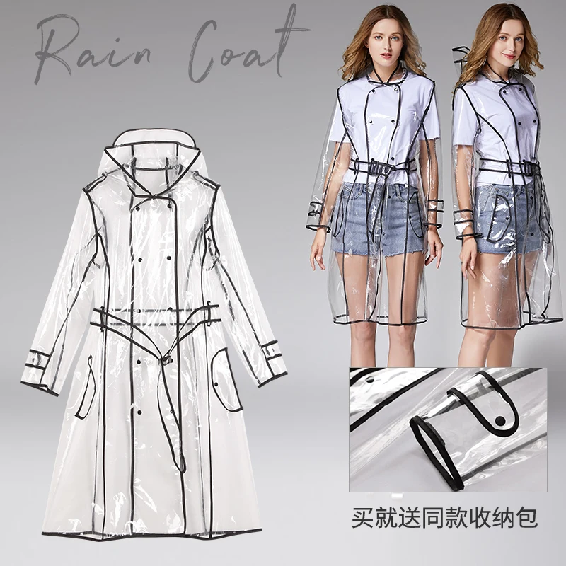 Fashion EVA Transparent Soft Rain Cover Long Raincoat Woment Hemmed Belt Long Performance Playing With Water