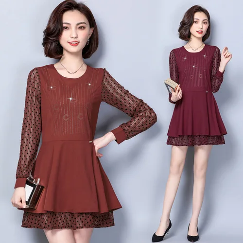 

Y305 Plus-sized Spring Clothing New Style Large GIRL'S Belly Covering Slimming Medium-length Hot Drilling Base Joint Lace Dress