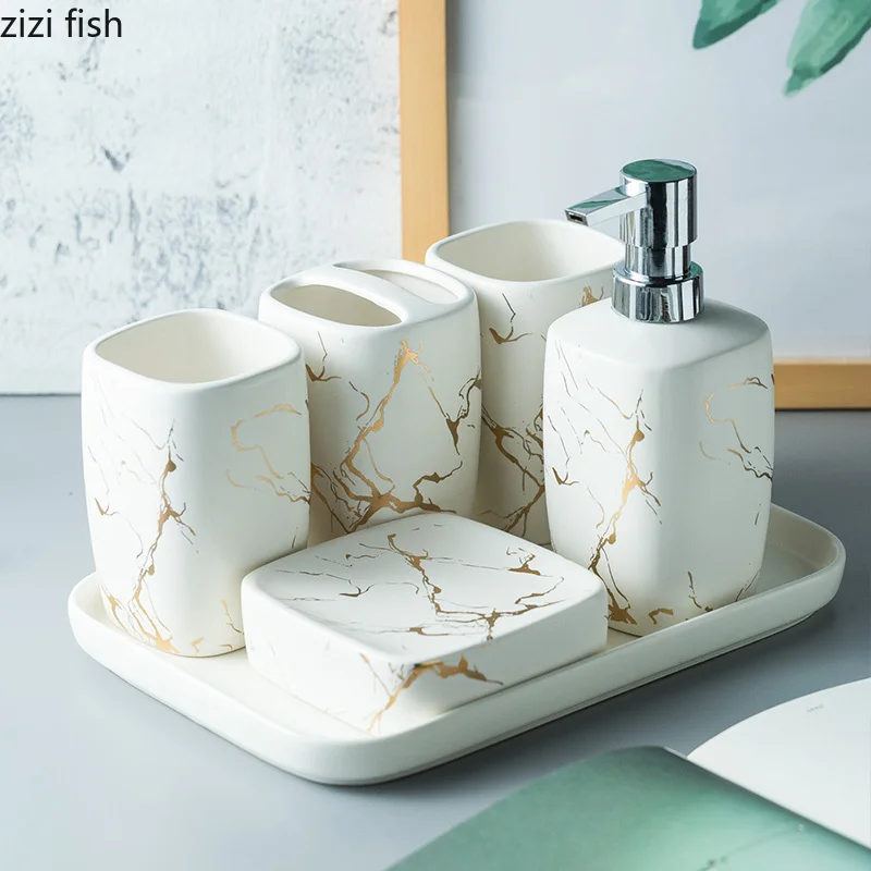 Platino marmo Texture accessori per la decorazione del bagno  portaspazzolino Dispenser di dentifricio portasapone vassoio da bagno -  AliExpress