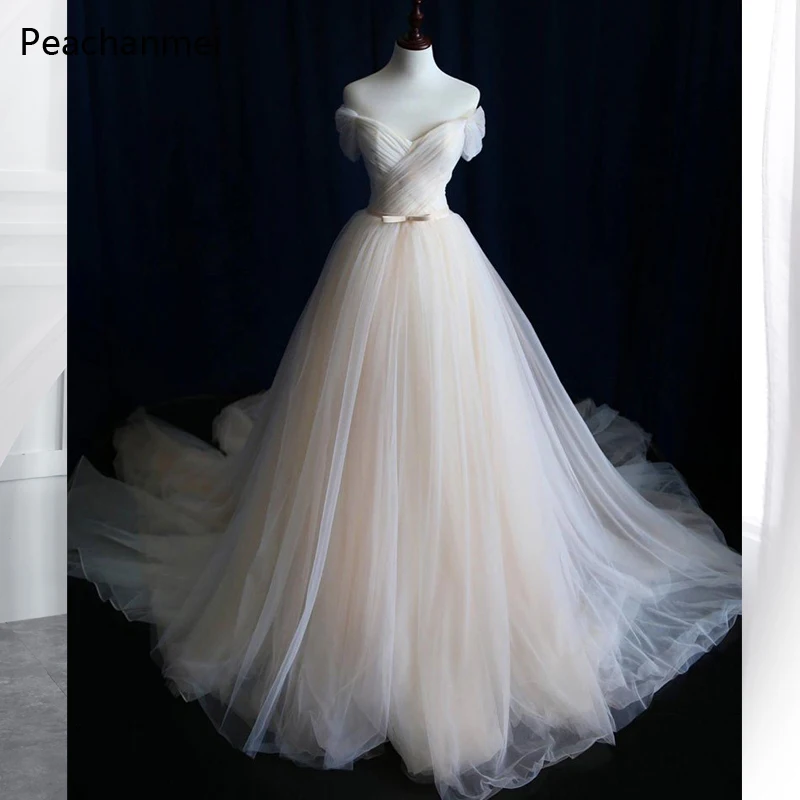 

Vintage Wedding Dress vestido de noiva 2019 Custom Made Off the Shoulder Sheer Tulle Champagne Bridal Bride Dress Real Photos