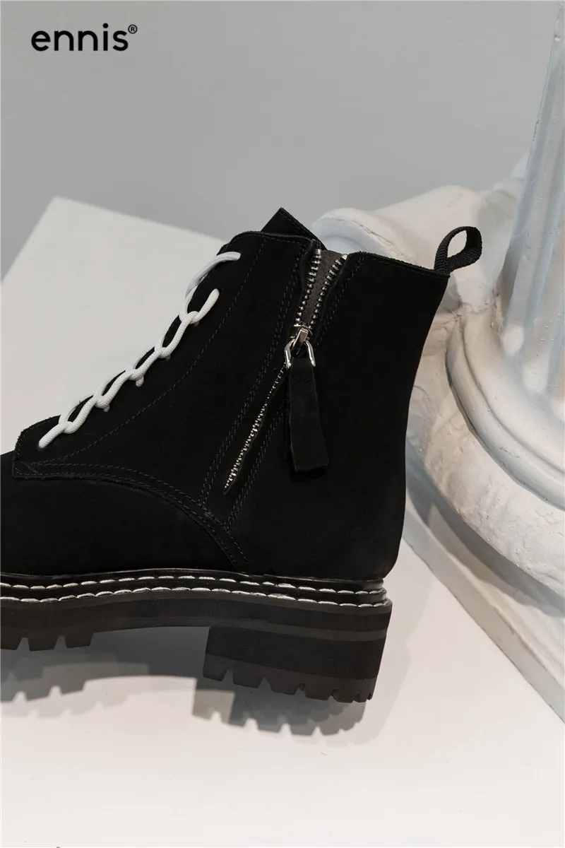 ENNIS Autumn Winter Women Boots Genuine Leather Platform Thick Sole Martin Boots Lace Up Ankle Boots Suede Zip Shoes A9160