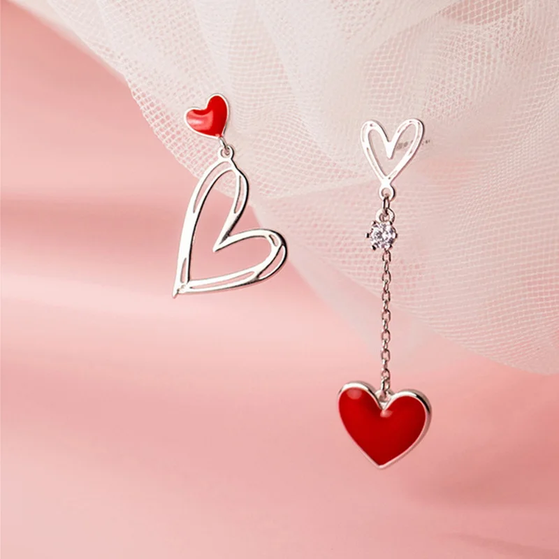 Korean New Asymmetric Red Heart Stud Earrings For Women Creative Hollow ECG Tassel Zircon Pearl Earrings Girl Party Jewelry Gift - Image 2