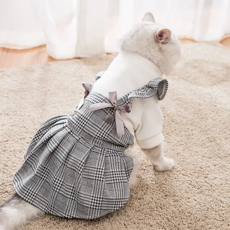 Платье с кошкой для питомца, теплая плотная одежда с кошкой, юбка с кошкой, модная клетчатая юбка принцессы для маленьких собак, кошек на осень и зиму
