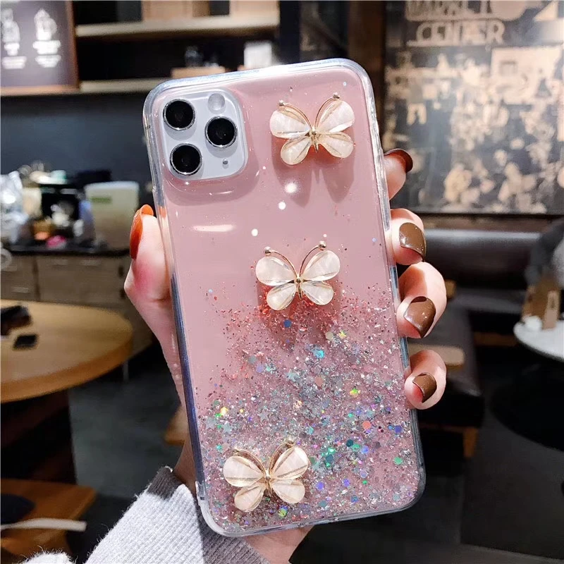 Блестящий DIY чехол с кристаллами бабочками и блестками для Redmi Note9 Pro X10 Note8 Note7 Note6