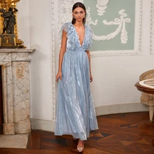 

Smooth Prom Dress Deep V-neck Evening Dresses Midi Long Dresses For Women Ruffles Long Dress Backless Wedding Party Dress