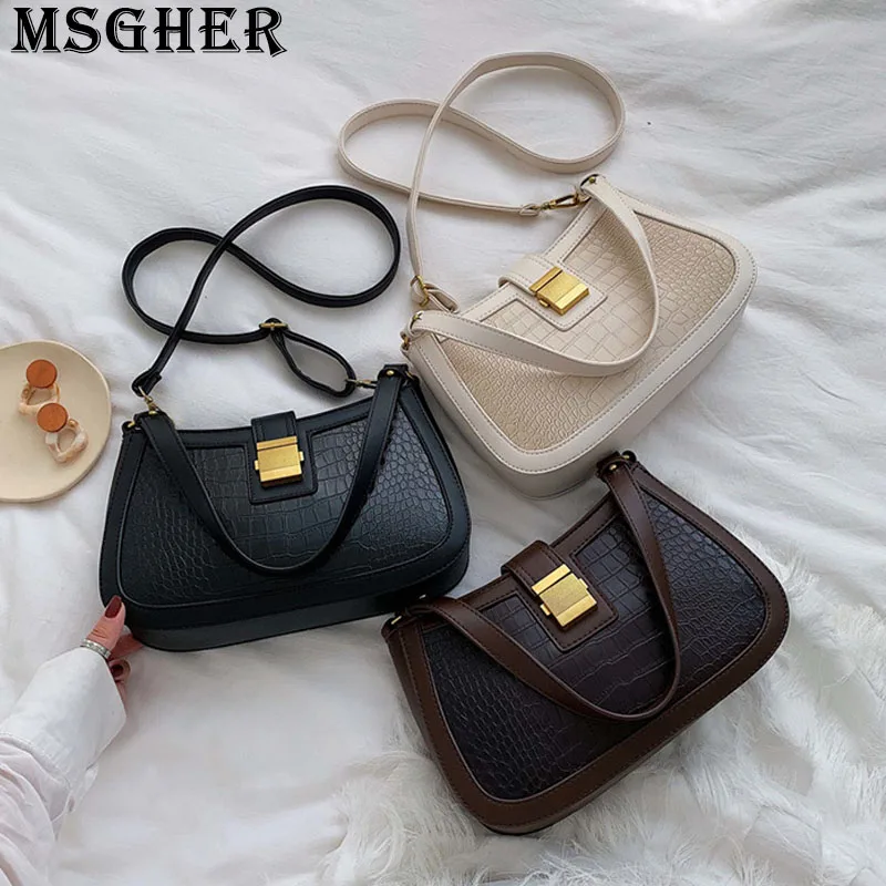 Tanie MSGHER bagietka Patchwork Vintage kobieca torba na ramię łuska krokodyla Joker praktyczne klasyczne lato w stylu casual, damska torba WB2942