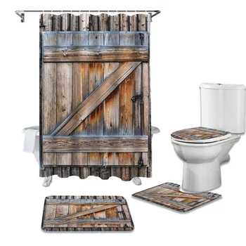 

Wood Door Shower Curtains Set Bathroom Waterproof Shower Curtain Bathroom Set with Shower Curtain and Rugs