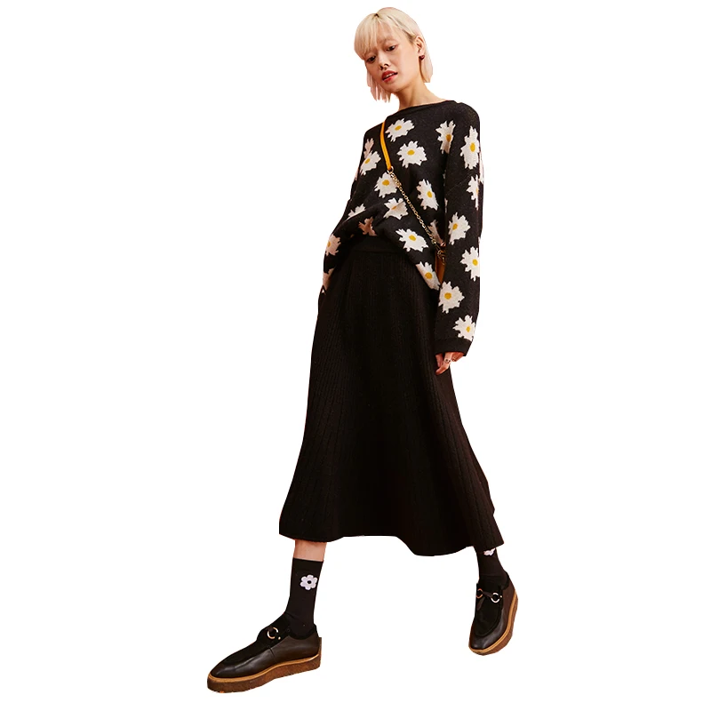 SAM'S TREE Multicolor Solid Minimalist Style Knitted Long Skirt Women Winter Pure High Waist Casual Office Ladies Skirts