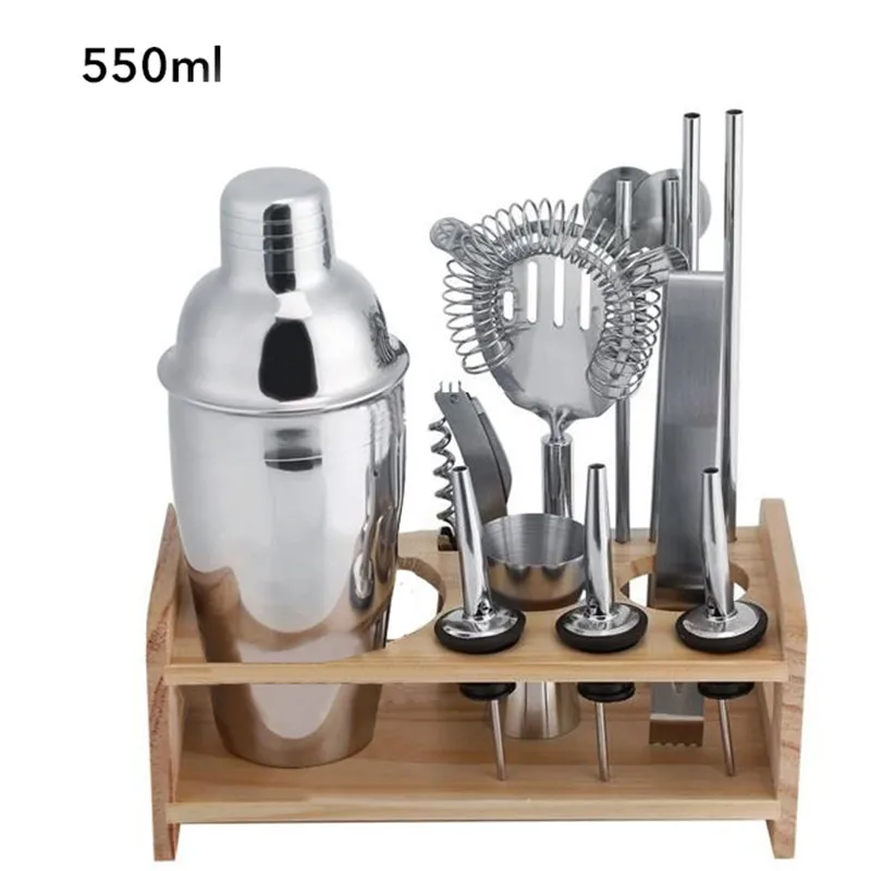 12pcs/set Stainless Steel Liquor Cocktail Shaker Wood Rack Bar Wine Mixer Set Bartender Cocktail Hand Shaker Bar Tool - Цвет: 550ml