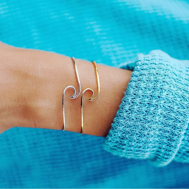 

Bohemian Gold Silver 2 Number Hook Wave Shaped Opening Bracelet Bangles For Women Fashion Beach Summer Metal Bracelet Jewelry