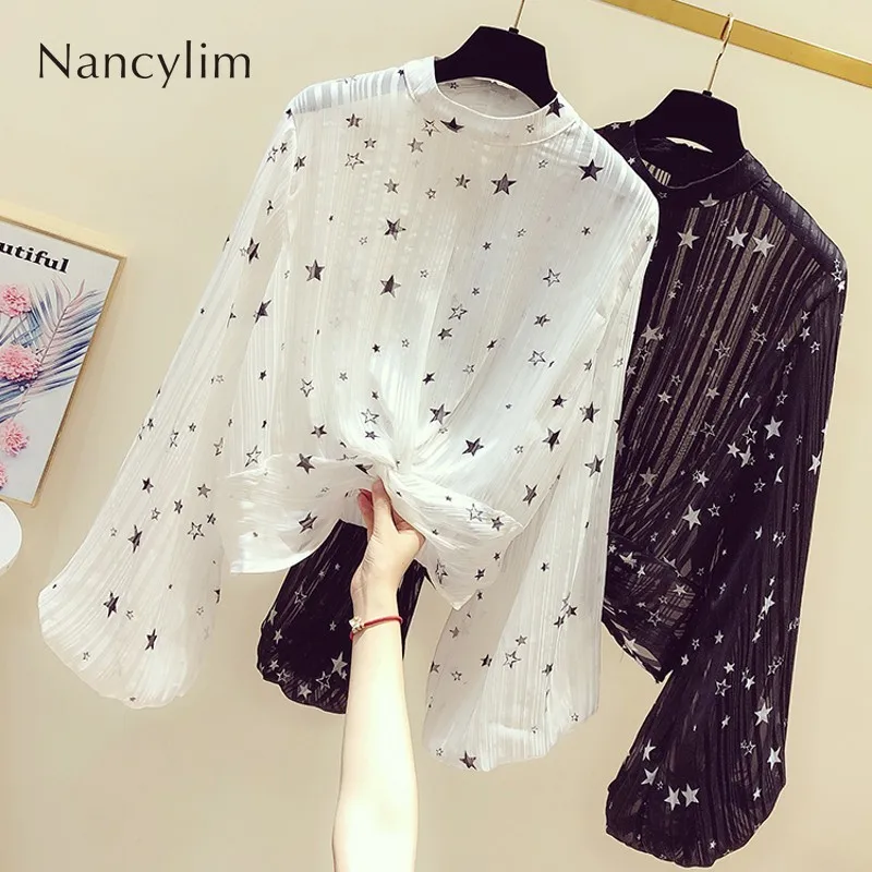 

Thin Star Printing Lantern Sleeve Chiffon Shirt Women Streetwear 2019 Autumn New Fashion Loose Short Coat Pull Blouse Blusa