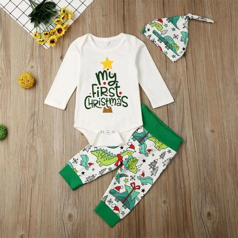 

Emmababy Infant Baby Boys Newborn 3Pcs Cartoon Clothes My First Christmas Romper Dinosaur Print Pants Outfit 0-18M